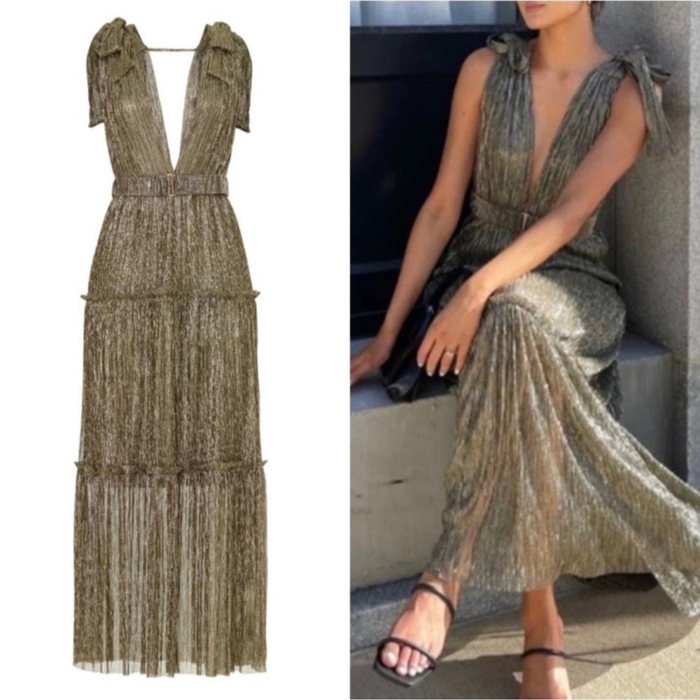 Sabina Musayev Metallic Olive-Gold Pleated Maxi Dress
